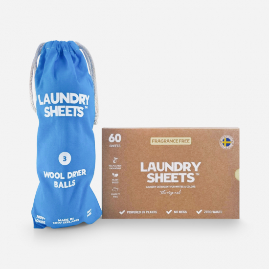 Laundry Sheets - Fragrance Free, 60 tvättar och Wool Dryer Balls, 1-Pa